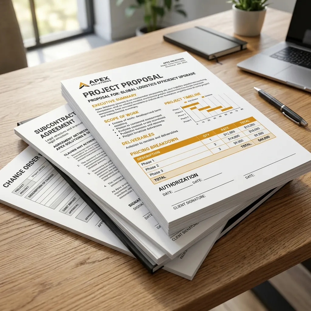 ContractorOS project proposal template stack on table